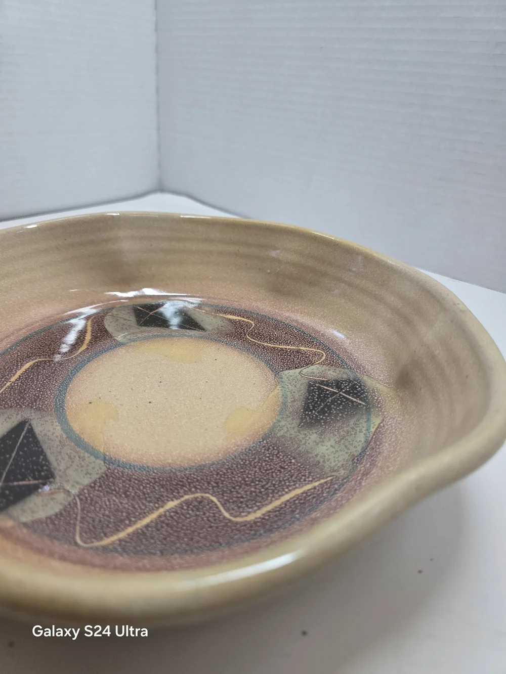 Handmade Ceramic Serving Bowl in Beige with Multicolor Interior